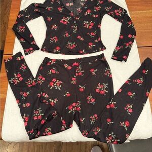 For Love And Lemons Black Floral Long Sleeve Ladies Pajama Set